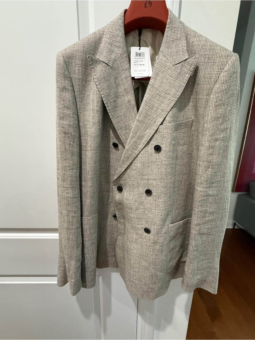 NWT new Reiss Double-Breasted Beige Linen Plaid Sportsjacket Blazer 44R.